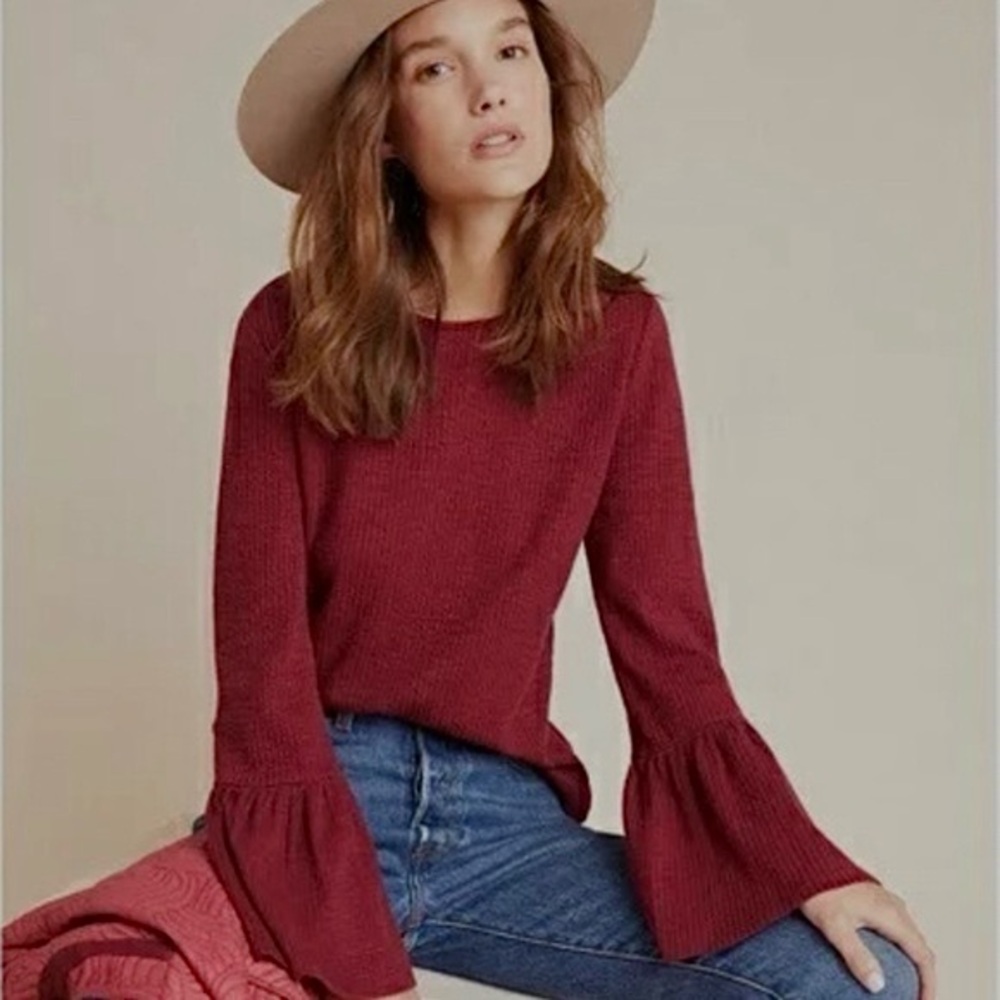 Anthropologie Burgundy Bell-Sleeve Knit Top